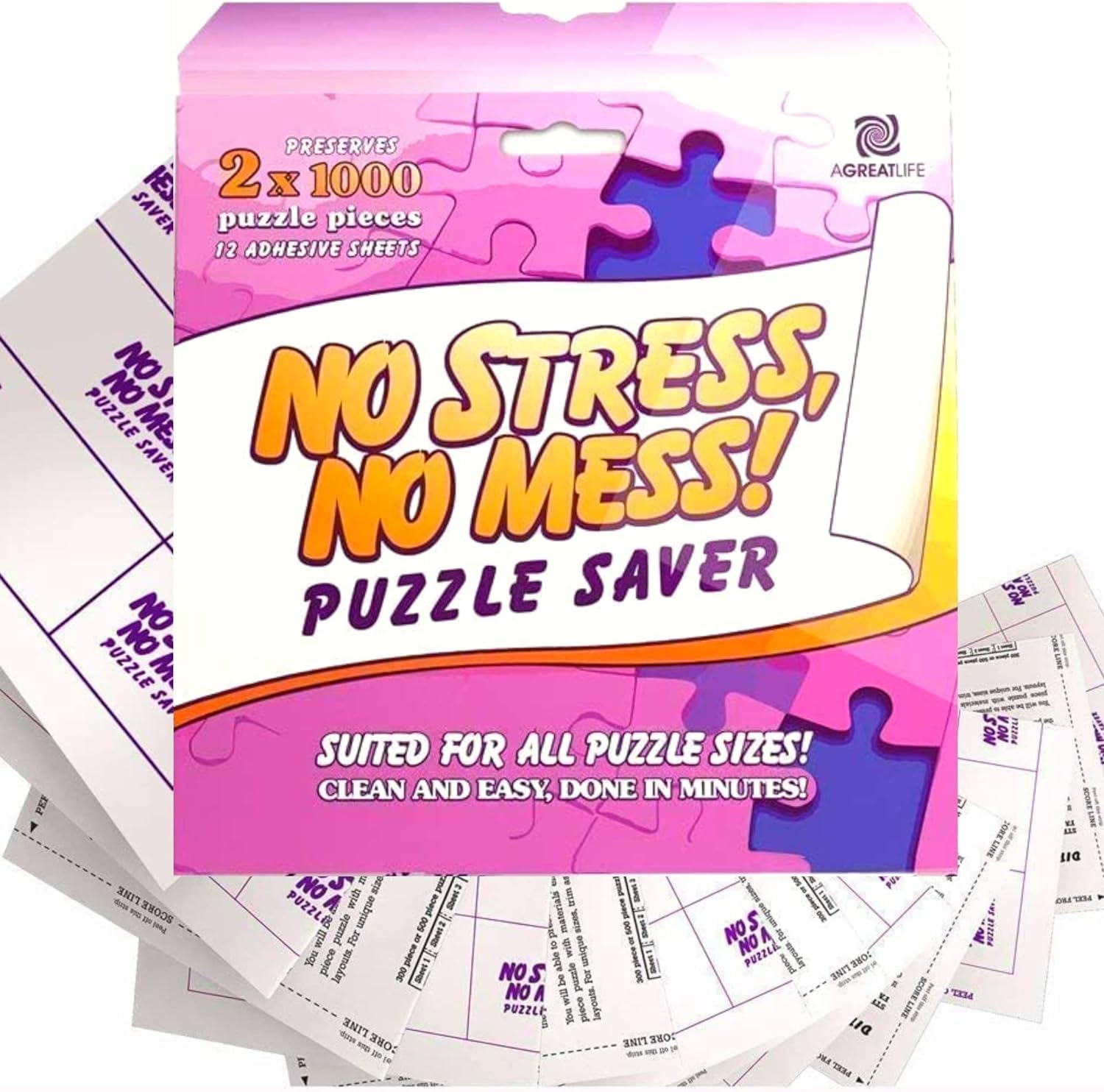 Photo 1 of 12 Adhesive Puzzle Saver Sheets - Preserve 2 x 1000 Pieces Jigsaw Puzzles - No Stress No Mess - Puzzle Glue Sheets Peel and Stick (12 PuzzleSheets with 4 Adhesive Hangers)