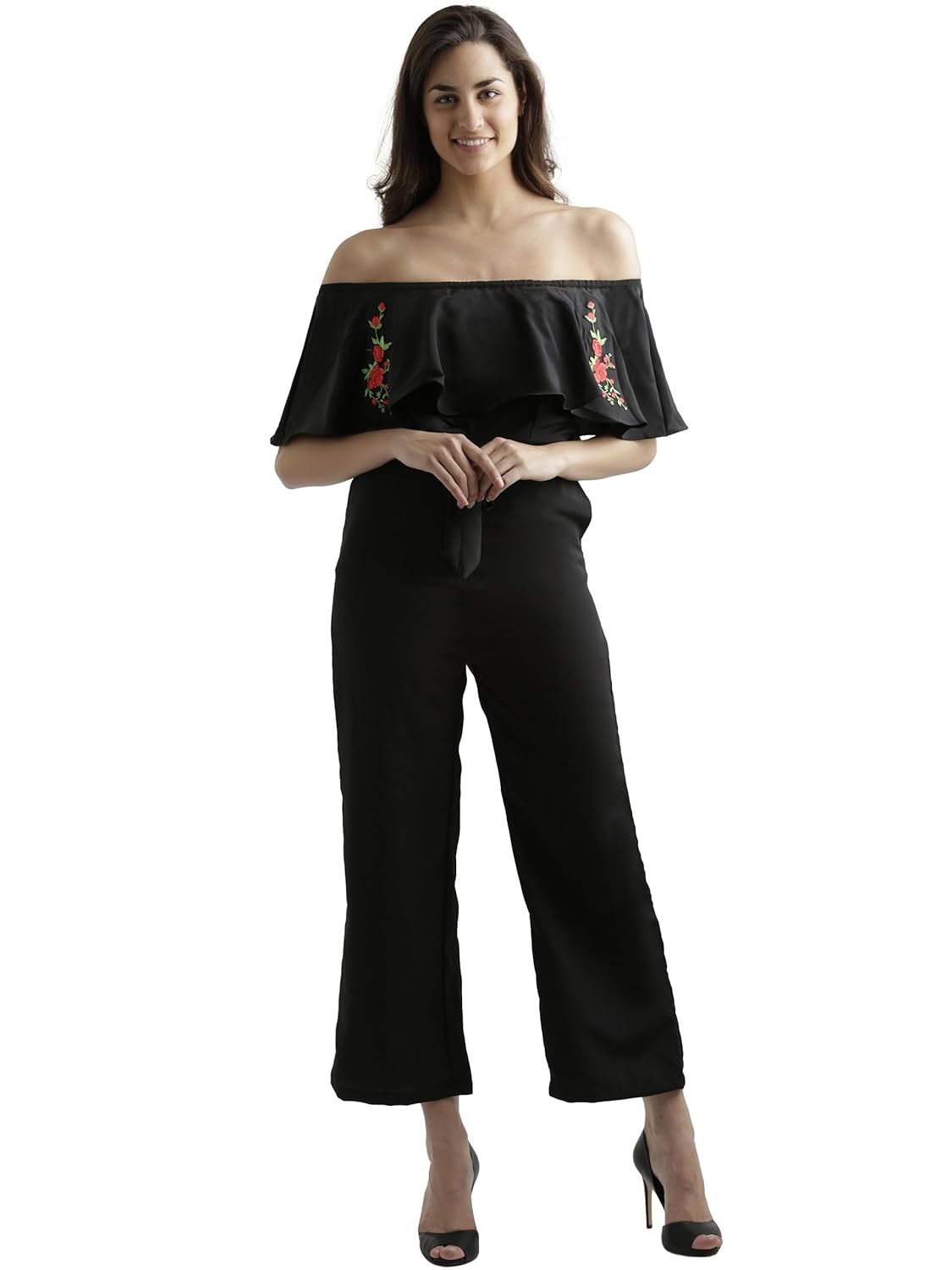 miss chase women's black off-shoulder embroidered jumpsuit