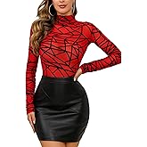 Aranmei Long Sleeve Bodysuit for Women Mesh Bodysuit Turtleneck Sheer Tops Geo Print Leotards S-XXL