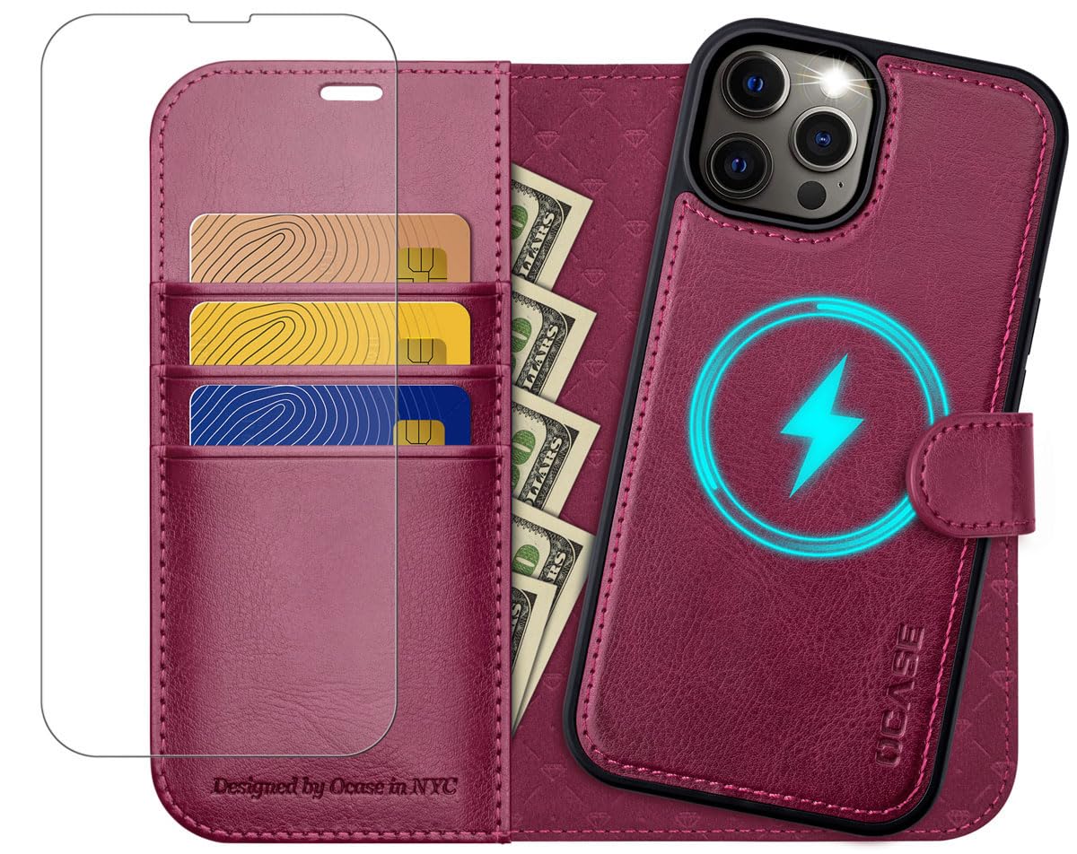 OCASE for iPhone 12 Pro Max Case, Magnetic Detachable 2-in-1 PU Leather Wallet Case with[RFID Blocking][Wireless Charging][Card Holders][Kickstand] Removable Protective Phone Cover, Burgundy