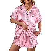 Womens Satin Pajamas Set Striped Silk Ruffle Notch Collar Pjs Sets Short Sleeve Button Down Top and Shorts