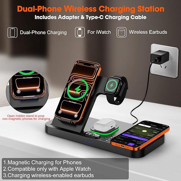 DUAL PHONE MAGNETIC WIRELESS CHARGING STATION FOR APPLE DEVICES/APPLE ECOSYSTEM,WITH AUTO-SWITCH 7-COLOR LIGHT & CLOCK, COMPATIBLE WITH IPHONE 17/16/15, FOR IWATCH 11/10/9 & AIRPODS PRO3（BLACK