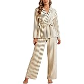 Tanming Womens Pajama Sets Wrap Belted Tops Wide Leg Pants Cute Pjs Striped 2 Piece Lounge Set