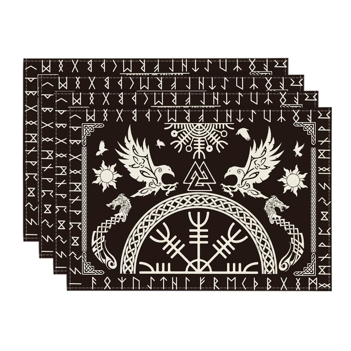 Artoid Mode Black Viking Tree of Life Raven Helm of Awe Placemats Set of 4, 30x45 cm Table Mats for Party Kitchen Dining Decoration