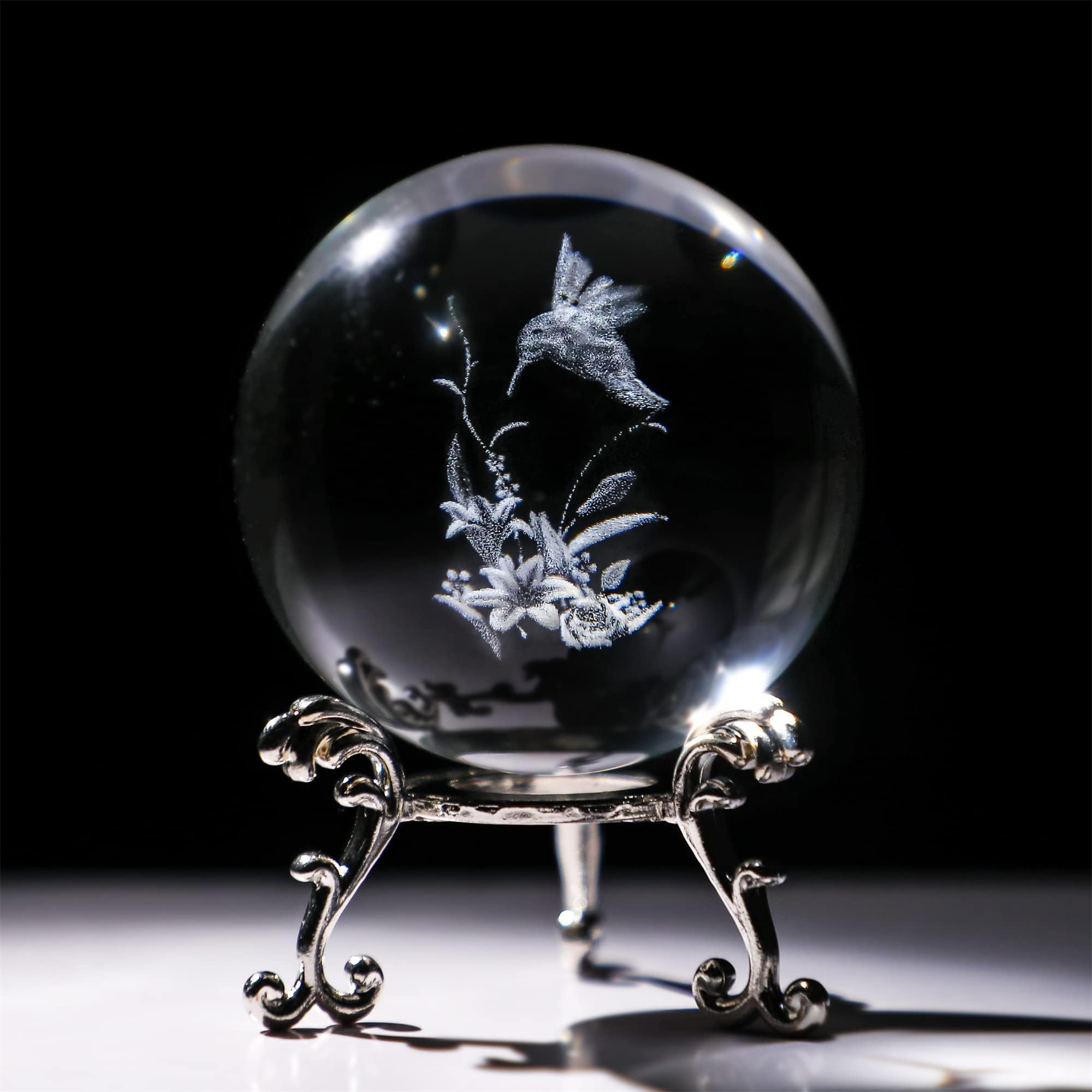 HDCRYSTALGIFTS 60mm 3D Hummingbird Crystal Ball Figurine Gifts for Women Men Laser Engraved Hummingbird Flowers Crystal Ball with Stand Animal Glass Ball Ornaments Decorations Bird Gifts for Lovers