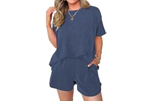 miduo Womens 2 Piece Sets Ribbed Textured Knit Casual Short Sleeve Shirts Shorts Two Piece Lounge Matching Set