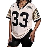 WDIRARA Women's Plus Size Leopard Number Graphic Jersey Shirts V Neck Short Sleeve T Shirts Streetwear