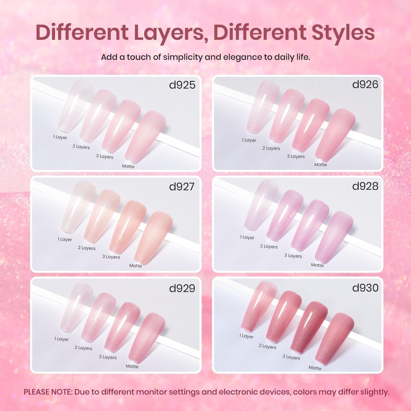 Beetles Glitter Gel Nail Polish Set, 6 Colors Jelly Pink Gel Polish Kit Sheer Shimmer Pink Translucent Effect Soak off UV Nail Concealer Spring Summer Manicure Salon Gift for Women - Image 3