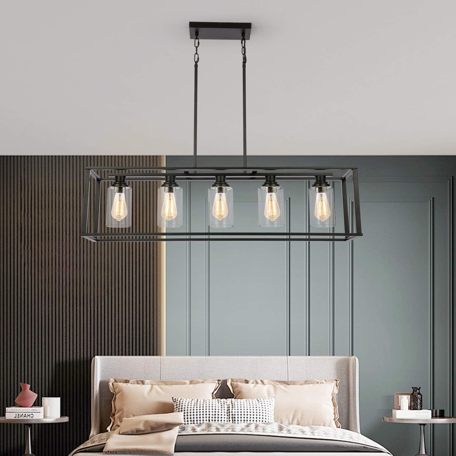 LUBURS Kitchen Island Lighting - 5 Lights Chandelier, Black Pendant Lighting with Metal Adjustable Rods&Clear Glass Shade, Vintage Pendant Ceiling Lamp for Dining Room Kitchen Living Room Farmhouse - - 