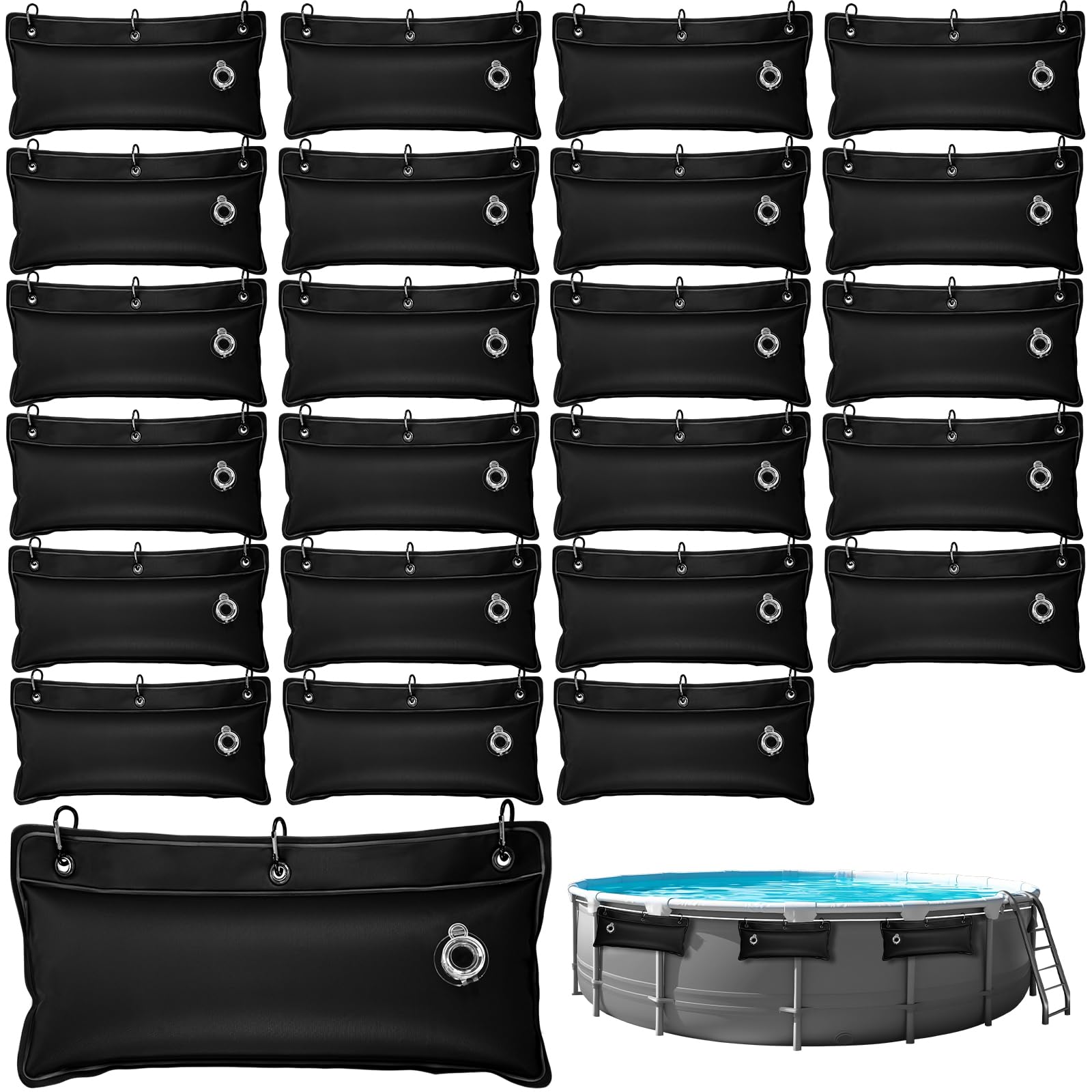 Photo 1 of VioraWhite 24 Pack Pool Cover Weights Above Ground with Hooks, 8" L x 18" W Swimming Pool Cover Tarp Weights Thick PVC Winter Hanging Water Bags for Antifreezing Heavy Duty for Closing Kit (Black)
