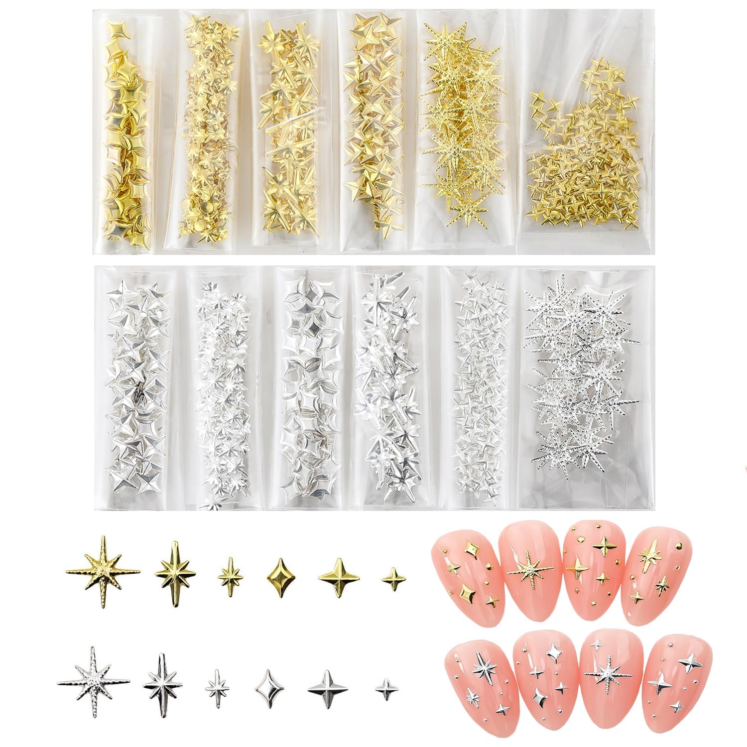 Yamobi 400 pieces 3D nail charms gold silver, star moon nail charms glitter stones for nails, metallic star rhinestones, DIY nail decoration, manicure accessories