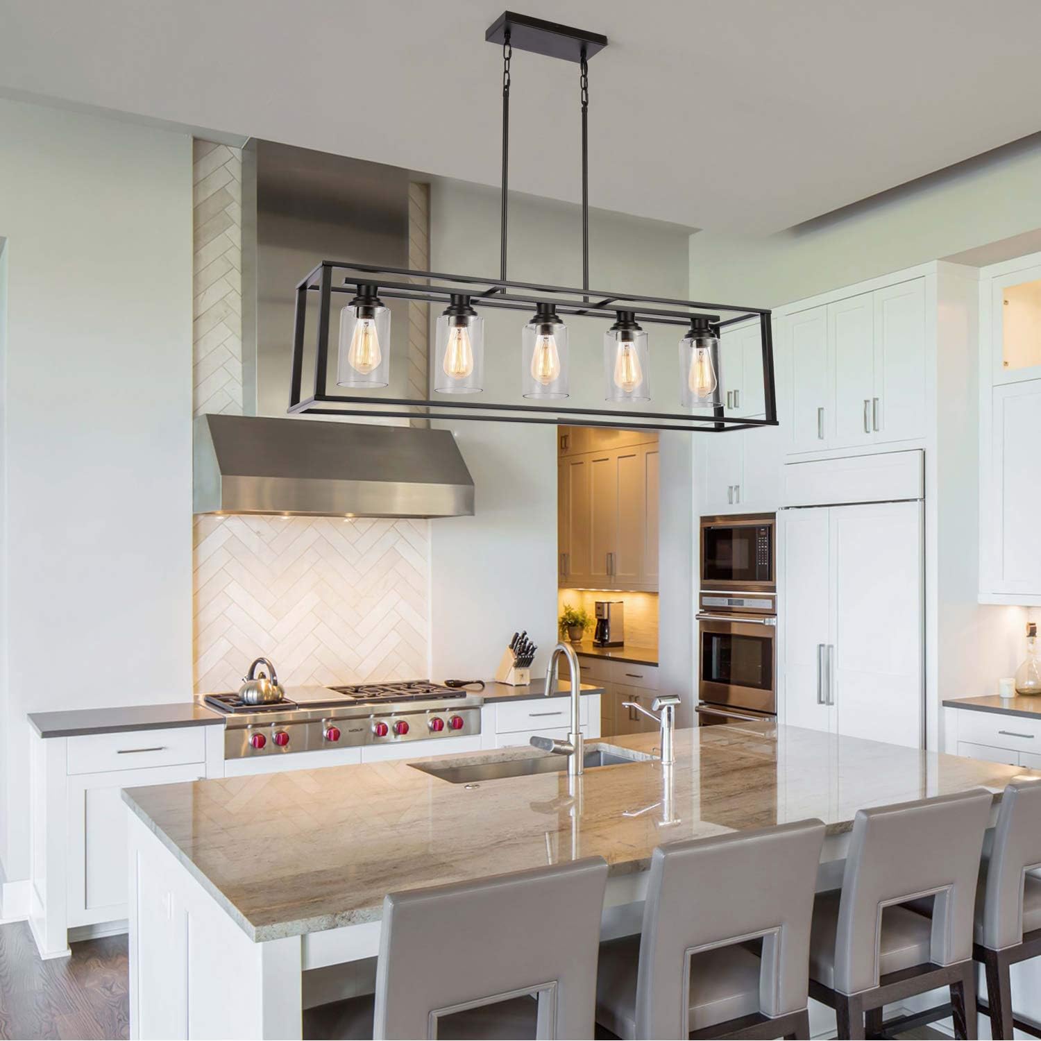 LUBURS Kitchen Island Lighting - 5 Lights Chandelier, Black Pendant Lighting with Metal Adjustable Rods&Clear Glass Shade, Vintage Pendant Ceiling Lamp for Dining Room Kitchen Living Room Farmhouse - - 