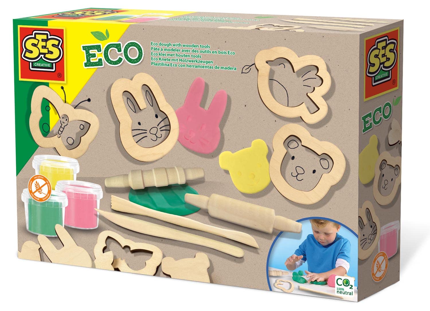 SES Creative Eco Dough Set with Wooden Tools – Natural Modelling Clay Kit for Kids Age 3+, Sustainable Arts & Crafts Play for Boys & Girls