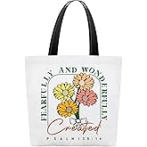 Christian Canvas Tote Bag For Women, Fearfully and Wonderfully Created Shoulder Bag, Inspirational Gifts For Friends Colleagues, Religious Shopping Bags, Floral Grocery Bag For Work Travel Church -43