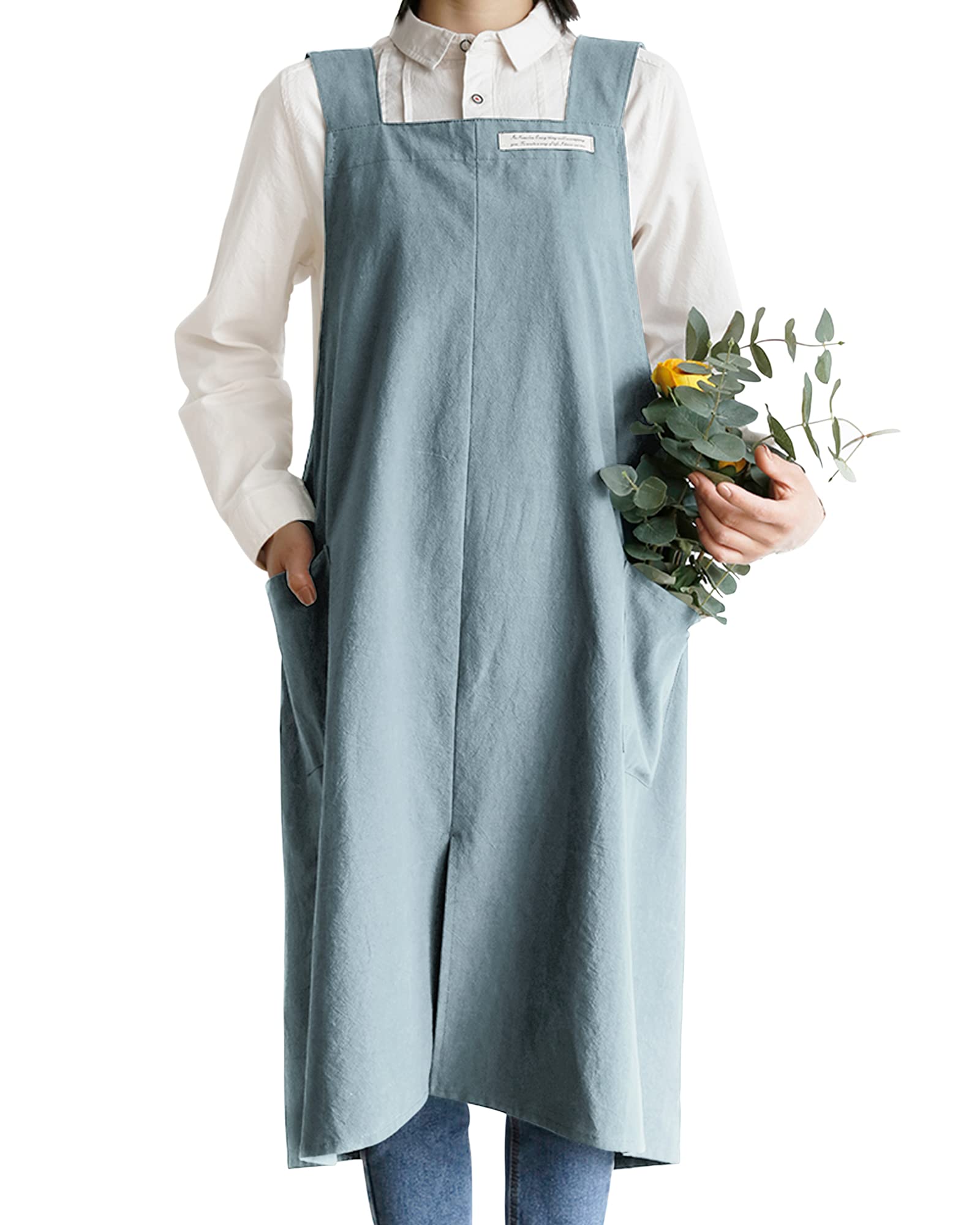 Small snail Apron Cotton Linen Solid Color Japanese Style Cross Bandage Halter Pinafore with Pocket Literature Art Flower Shop Clothing for Women Men Cooking Kitchen Casual Aprons Plus Size Blue