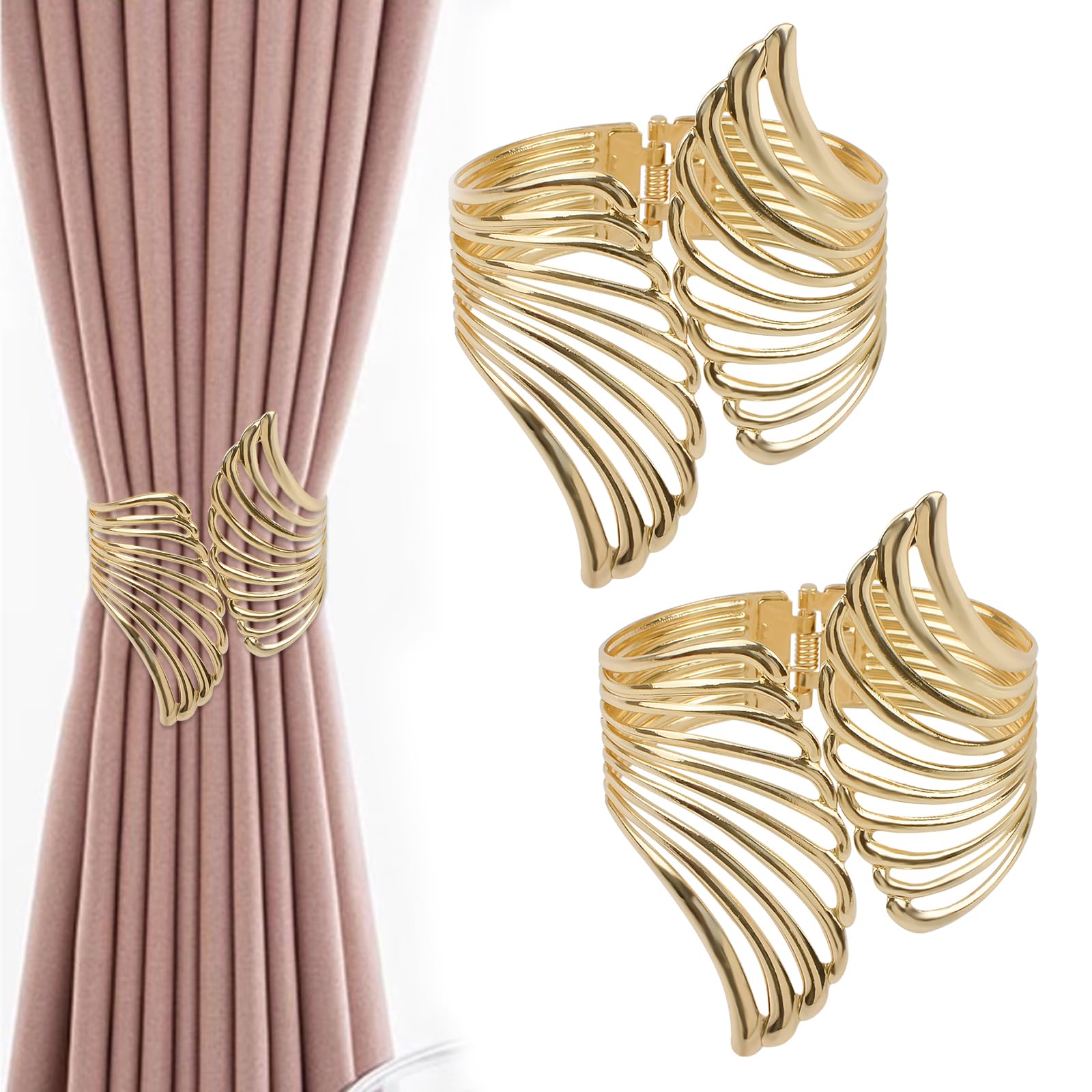 UFURMATE Curtain Tie Backs, 2Pcs Zinc Alloy Decorative Curtain Tiebacks Creative Curtain Rope Buckles Spring Drape Holder Clip for Home Office (Large Gold Hollow Wing)
