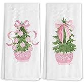 DNEULYR Coquette Pink Bow Christmas Tree Kitchen Towels, Chinoiserie Xmas Bauble Tree Decorative Hand Towels for Bathroom, Preppy Christmas Dish Tea Towels for Kitchen Decor, 16x24 Inch Set of 2