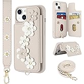 Srddty Compatible with iPhone 13 / iPhone 14 Wallet Case with Card Holder for Women, Kickstand, Crossbody Lanyard, Wrist Strap Flower Leather Flip Cover Designed for iPhone 13/14 6.1", Beige