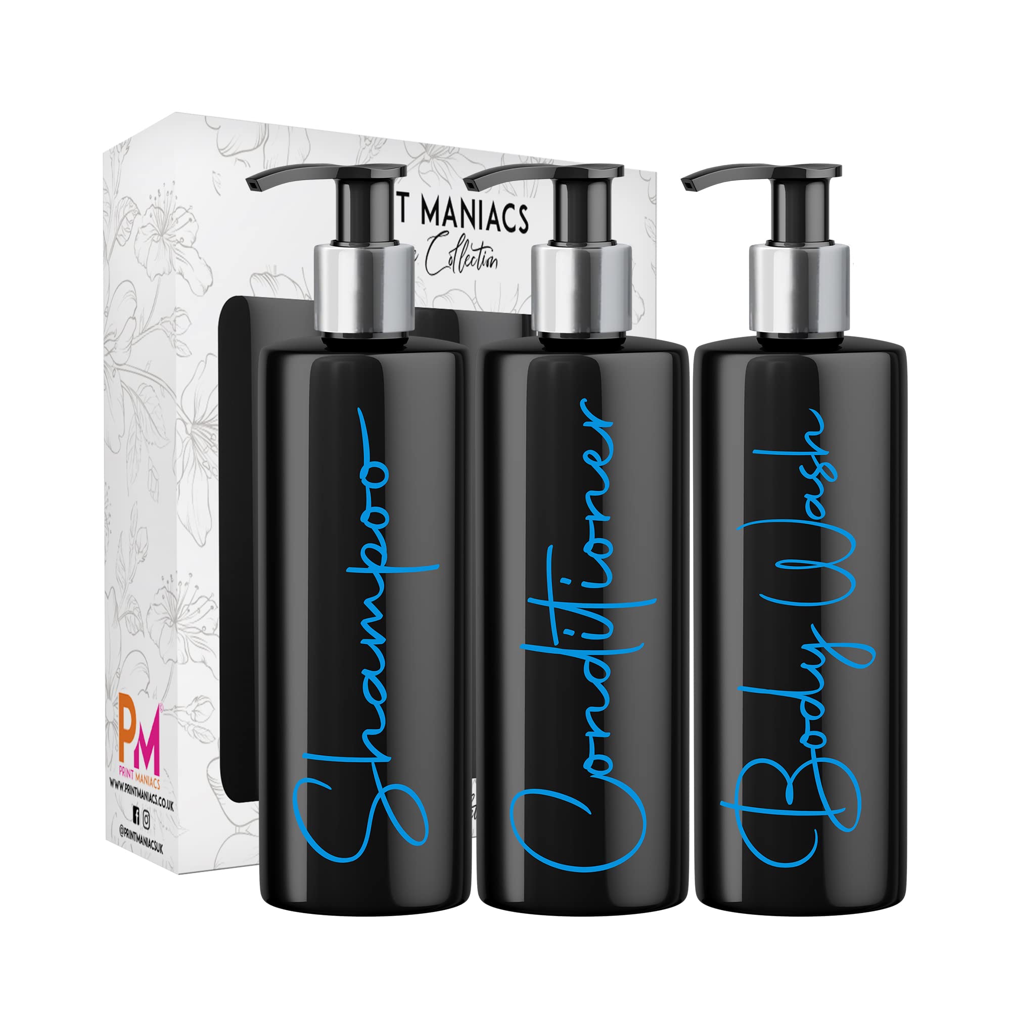 Print Maniacs Mrs Hinch Inspired Black Personalised Dispenser Silver Pump Bottles Set 3 (BLUE, F2)