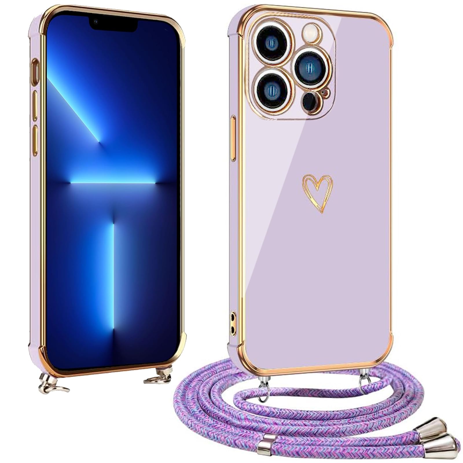 vumebao Mobile Phone Chain for iPhone 13 Pro Max Case with Strap, Mobile Phone Case Heart Love Design Silicone Bumper Cord, TPU Thin Shockproof Case Protective Case Compatible with iPhone 13 Pro Max