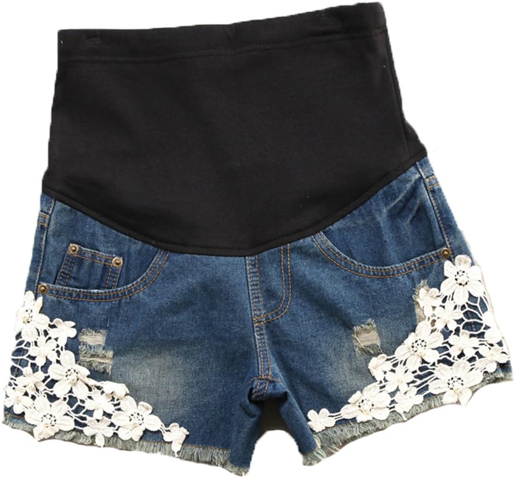 Happyyip Womens Summer Fashion Floral Lace Denim Elastic Waist Maternity Shorts
