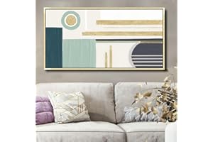 TRAIN2 ART Modern Wall Art Gold and blue Geometric Art Abstract Oil Painting Handmade painting Home Office Decorations 24"x48"