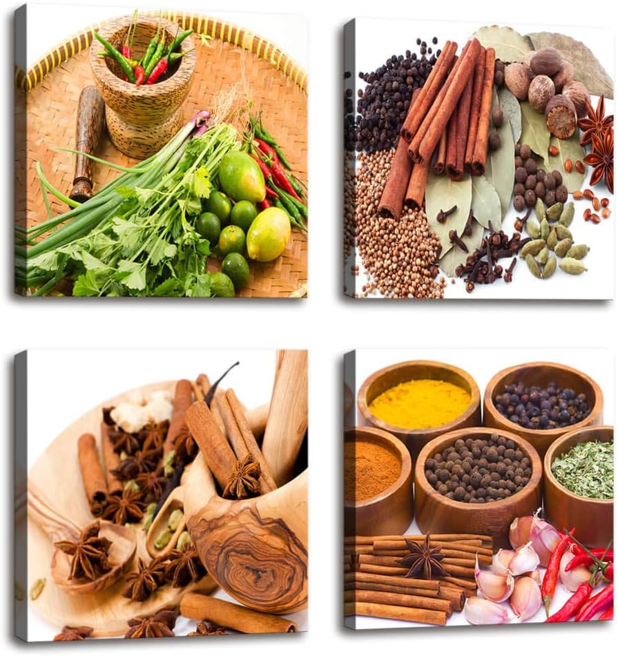 Kitchen Decorations Colorful Various Spice and Herbs Raw Material for Cooking Painting Canvas Print Wall Art - 4 Panels Large Canvas Artwork Food Pictures for Home Dining Room Decor 16x16inch 4pcs/set