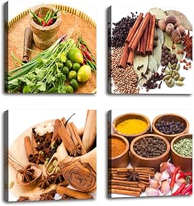 Kitchen Decorations Colorful Various Spice and Herbs Raw Material for Cooking Painting Canvas Print Wall Art - 4 Panels Large Canvas Artwork Food Pictures for Home Dining Room Decor 16x16inch 4pcs/set