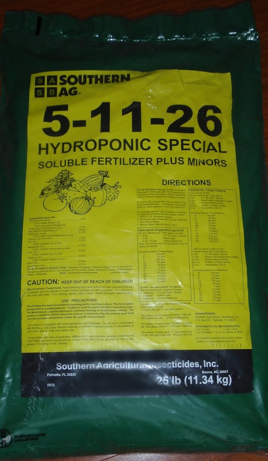 Southern Ag 5-11-26 Hydoponic Special 25lb Bag Soluble Fertilizer Plus Minors