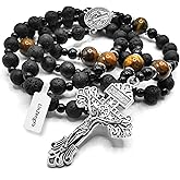 LinZengYo Volcanic stone rosary beads catholic for men,Rosary Necklace for men with medal & cross,Handmade black stone Beads St.Benedict Rosary Cross Necklace Catholic Gifts