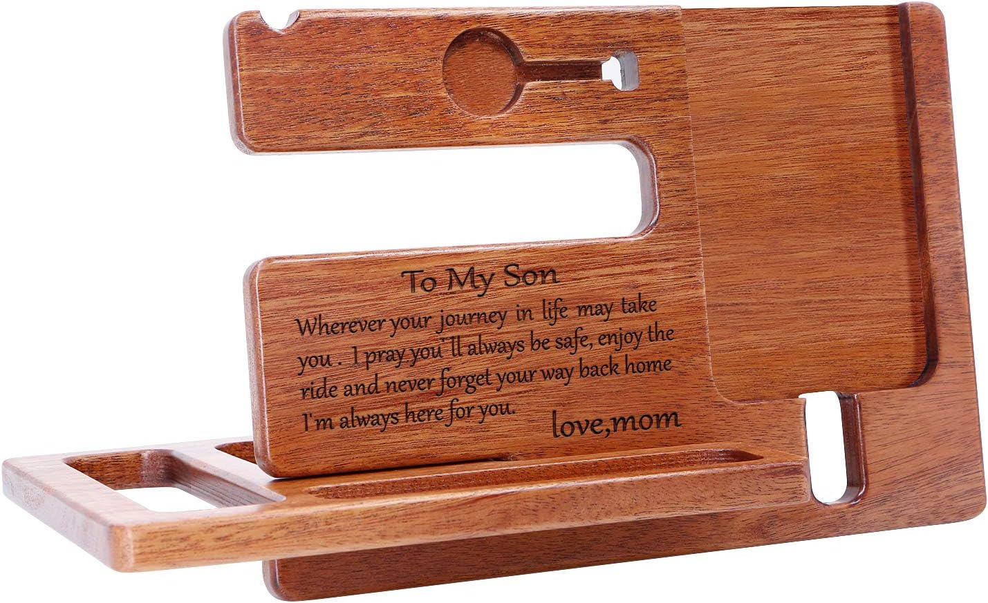 Kenon Custom Engraved Wooden Walnut Phone Holder for Son From Mom Personalized Natural Walnut Wood Phone Docking Station Key Holder Wallet Stand Watch Organizer Anniversary Birthday Gifts - Image 3