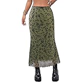 Avanova Women Boho Floral Mesh Long Skirts Elastic High Waisted Mermaid Hem 90s Grunge Maxi Skirt