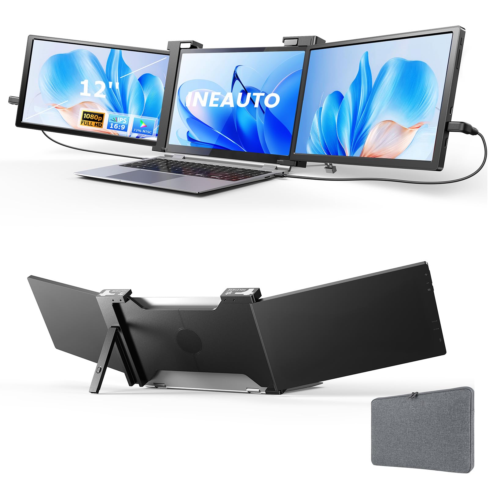 Photo 1 of 12'' Laptop Screen Extender, 1080P FHD Portable Monitor Extender for 13"-16" Laptop with USB-C/HDMI Port, Plug and Play, for Mac/Windows/Android, Triple Screen Ideal for Remote Work & Multitasking