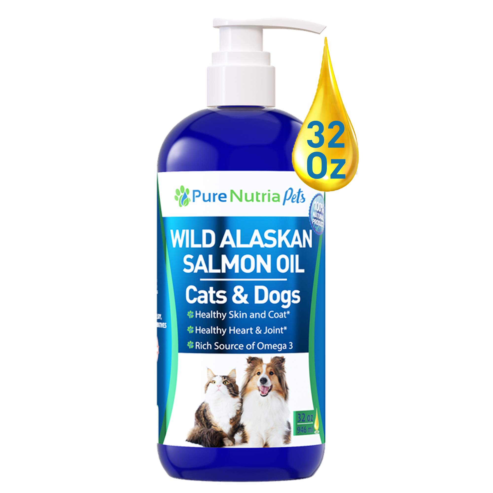 Wild Alaskan Salmon Oil for Dogs 32oz Pump Bottle: Omega 3 Fish Oil for Dogs & Cats, Reduces Shedding, Supports Skin, Coat, Joints, Heart, Brain, Immune System, 100% Pure Salmon Oil - That's All !