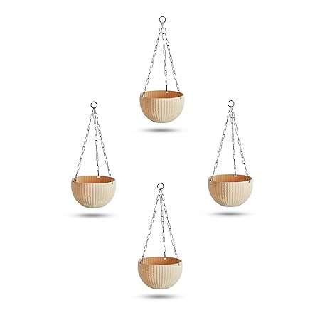 Kalfo Euro Hanging Pot Woolen Design Hanging Basket Planter Pot for Indoor and Outdoor Plants with Iron Chain ( Size- 8 Inch, Cream, Pack of 4)