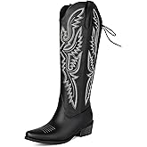 Wide Calf Cowboy Boots for Women Knee High Cowgirl Boots Adjustable Lace Up Embroidered Boots with Side Zipper Pointed Toe Chunky Heel Western Boot.