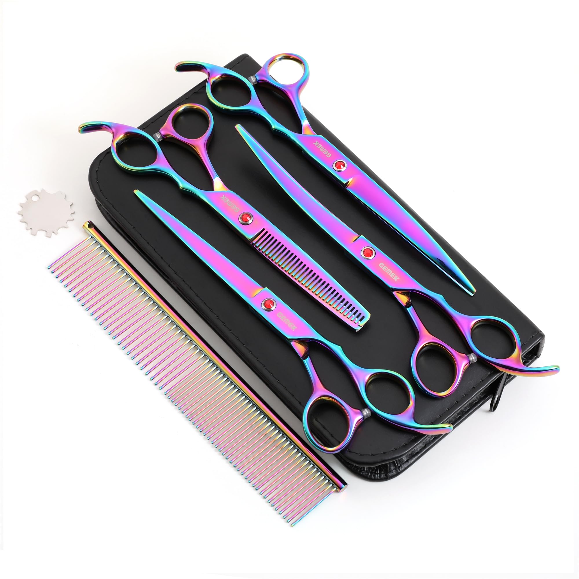 7.0in Titanium Rainbow Professional Pet Grooming Scissors Set, GEMEK 6 in 1 Straight & Thinning & Upwards Curved & Downwards Curved Scissors & Comb for Dogs, Cats (Rainbow)