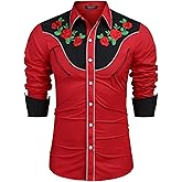 COOFANDY Men's Western Cowboy Shirt Long Sleeve Slim Fit Rose Embroidered Cotton Casual Button Down Shirts