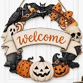 Halloween Welcome Wreath for Front Door Wooden Pumpkin Ghost Door Decor | Farmhouse Skull & Black Cat Wreath with Welcome Sign for Porch Mantel Wall Home Decoration Indoor Outdoor 12x12 Inch