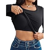 CHICME Women Seamless Built-in Bra Long Sleeve Shirts U Neck Knit T-Shirts Basic Tops Fall Winter Outfits