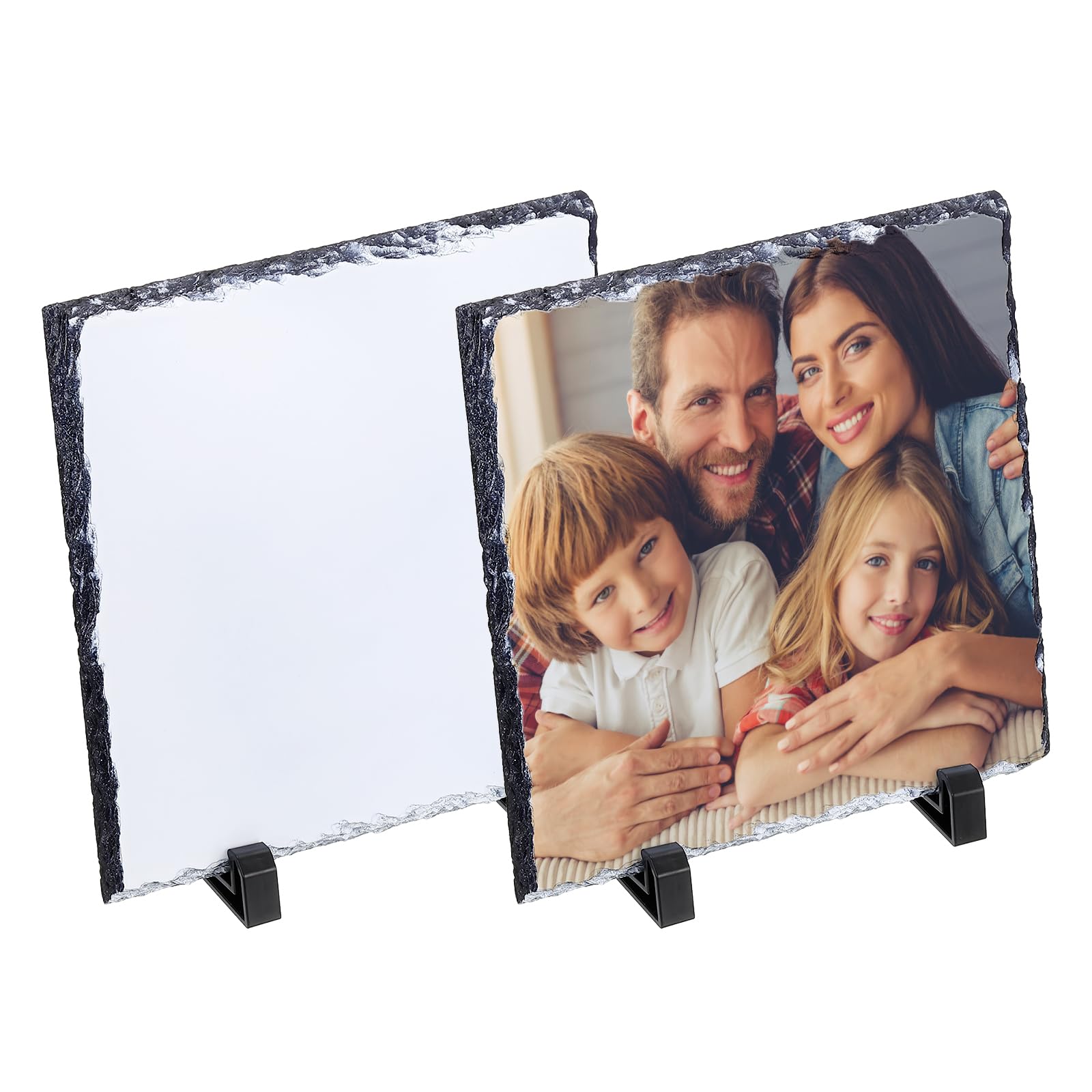 PATIKIL 7.9 x 7.9 Inch Slate Photo Frames, 2 Set Sublimation Photo Blanks, Heat Thermal Transfer Stone Slate Frames with Display Stand for DIY Souvenir Rectangle