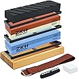 ZKH Sharpening stone Set, 10 PCS Whetstone knife sharpener for Kitchen and Outdoor Knives, Double-Sided Grits 400/1000 3000/8000, Bamboo Base, Leather Pole, Black/White Flattening Stones