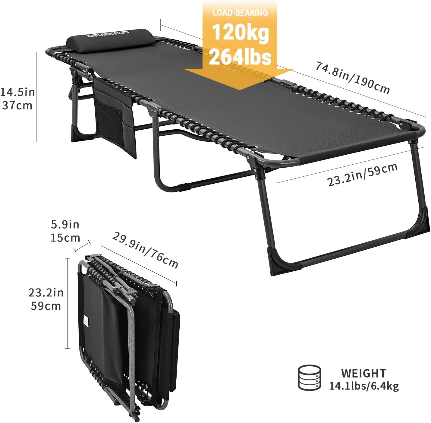 FUNDANGO Folding Chaise Lounge Chair for Outdoor, Lawn, Patio, Beach, Sunbathing, Deck, Lay Flat 4-Fold Portable Lightweight Heavy-Duty Adjustable Camping Reclining Chair with Pillow: Kitchen & Dining