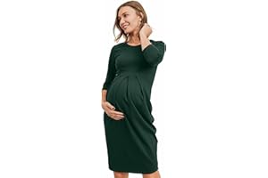 LaClef Women's Knee Length Midi Maternity Dress with Front Pleat - 3/4 Sleeve