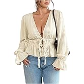 SOLY HUX Women's Plus Size Peplum Tops Deep V Neck Tie Front Long Sleeve Tee Ruffle Babydoll T Shirt