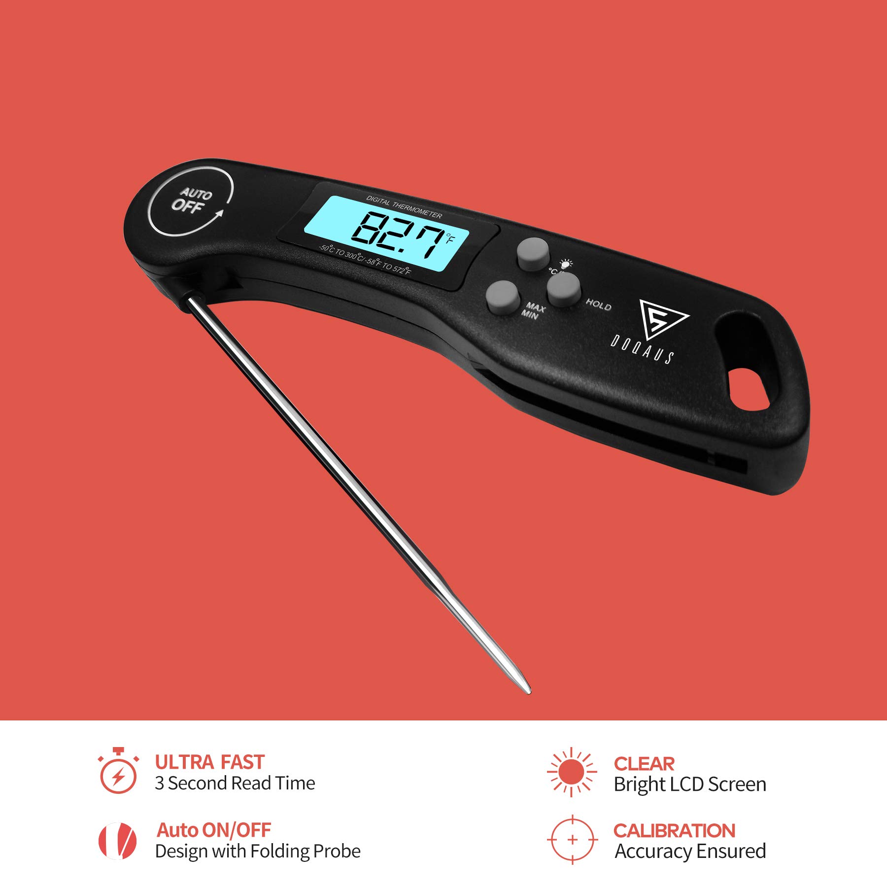 Meat Thermometer, DOQAUS Instant Read Thermometer Digital Ultra Fast Kitchen Cooking Food Candy Thermometer with Backlight, Magnet & Foldable Long Probe for Grilling BBQ Turkey Oil Smoker Thermometer
