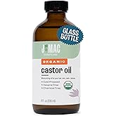 J MAC BOTANICALS, Organic Castor Oil Cold Pressed (Glass Bottle, 8 oz) pure unrefined, hexane free for face, skin, eyelashes, pack wraps, pads