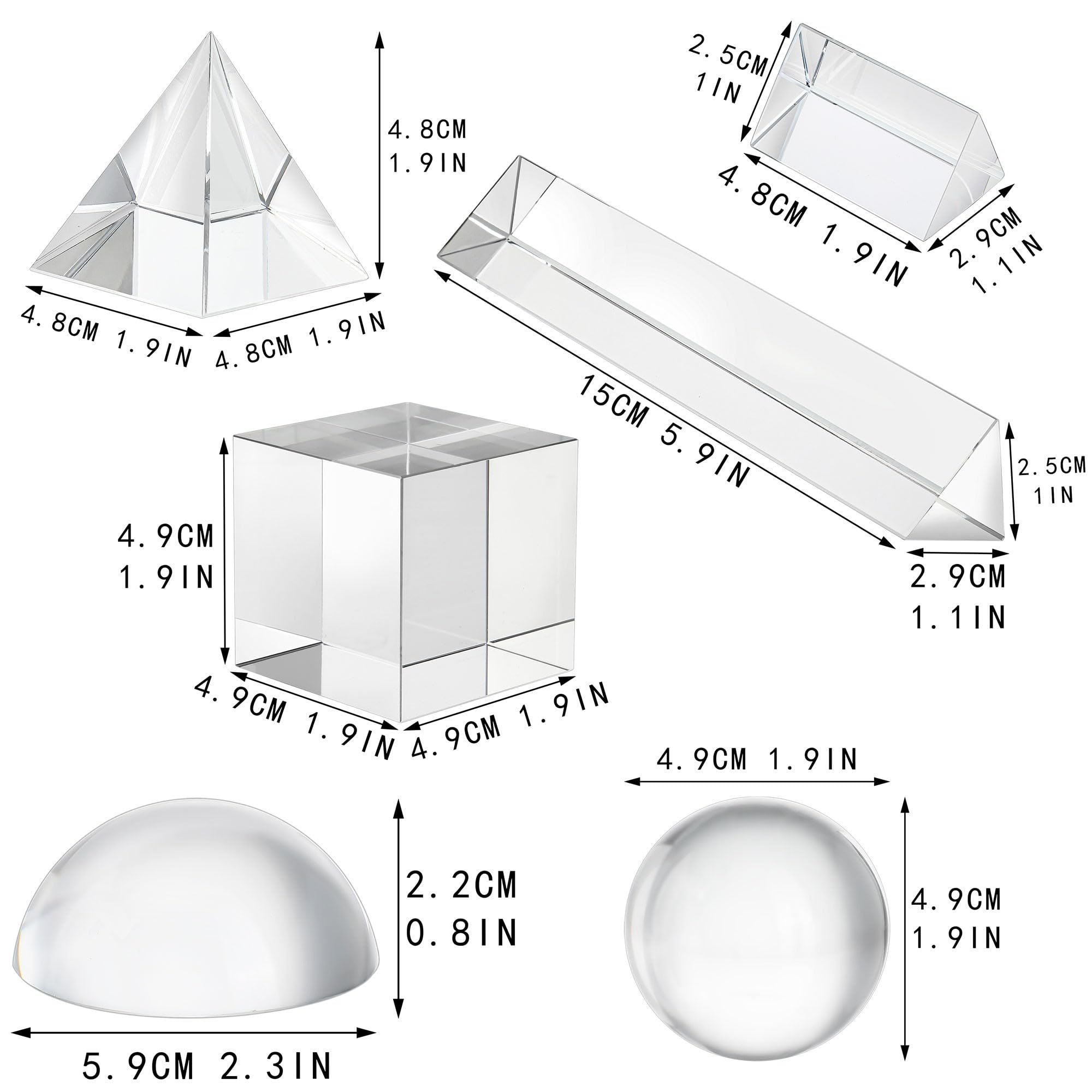 QFkris 6 Pack K9 Optical Crystal Photography Prism Set, Include 50mm Crystal Ball, Cube,Optical Pyramid, 50mm & 150mm Triangular Prism,60mm Dome Magnifying with Cloth for Teaching, Playing