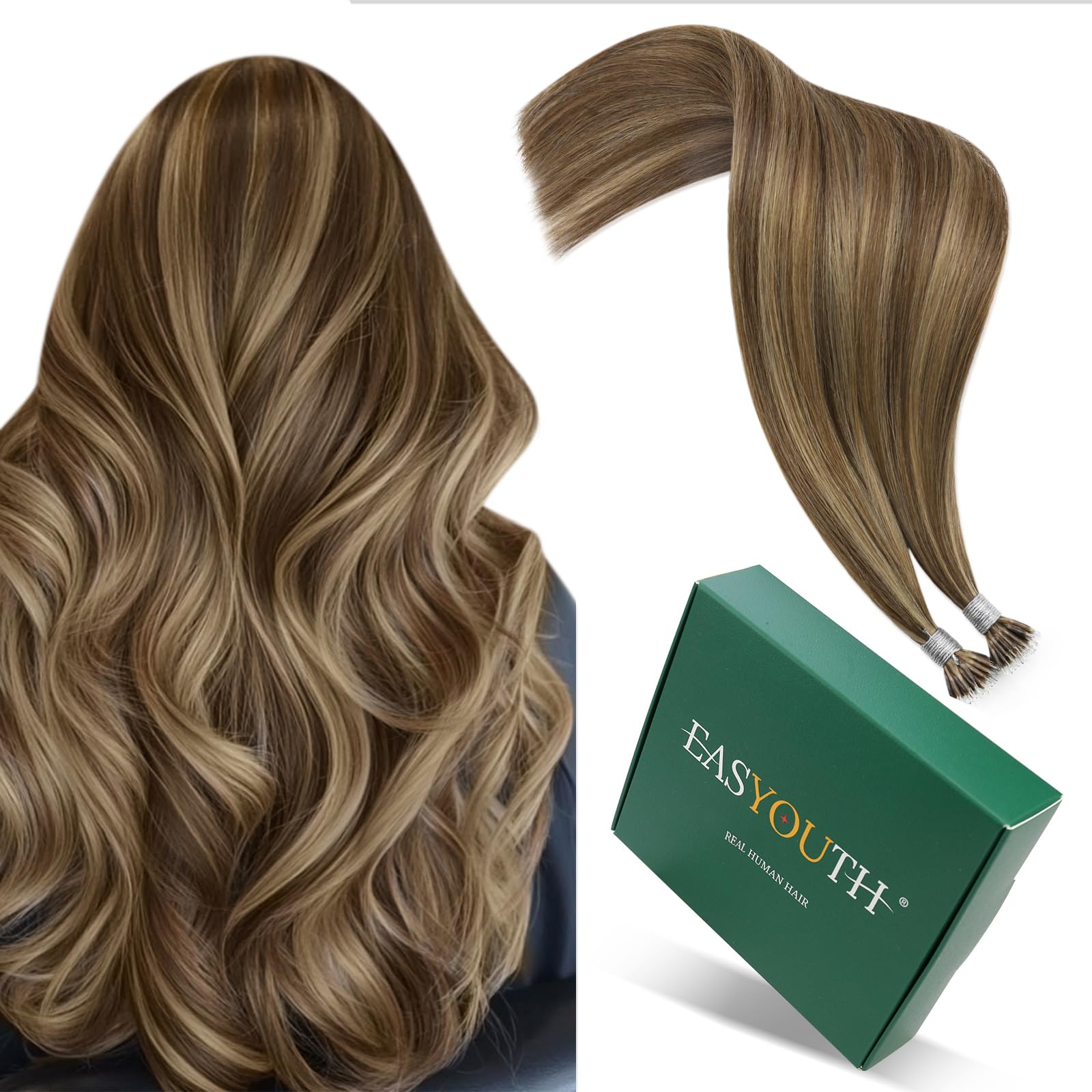 Easyouth Hair Extensions Nano Brown Highlight Nano Beads Hair Extensions Real Human Hair Medium Brown with Honey Blonde Nano Human Hair Extensions for Daily Life 16 Inch 50g/50s #P4/27 — image 1