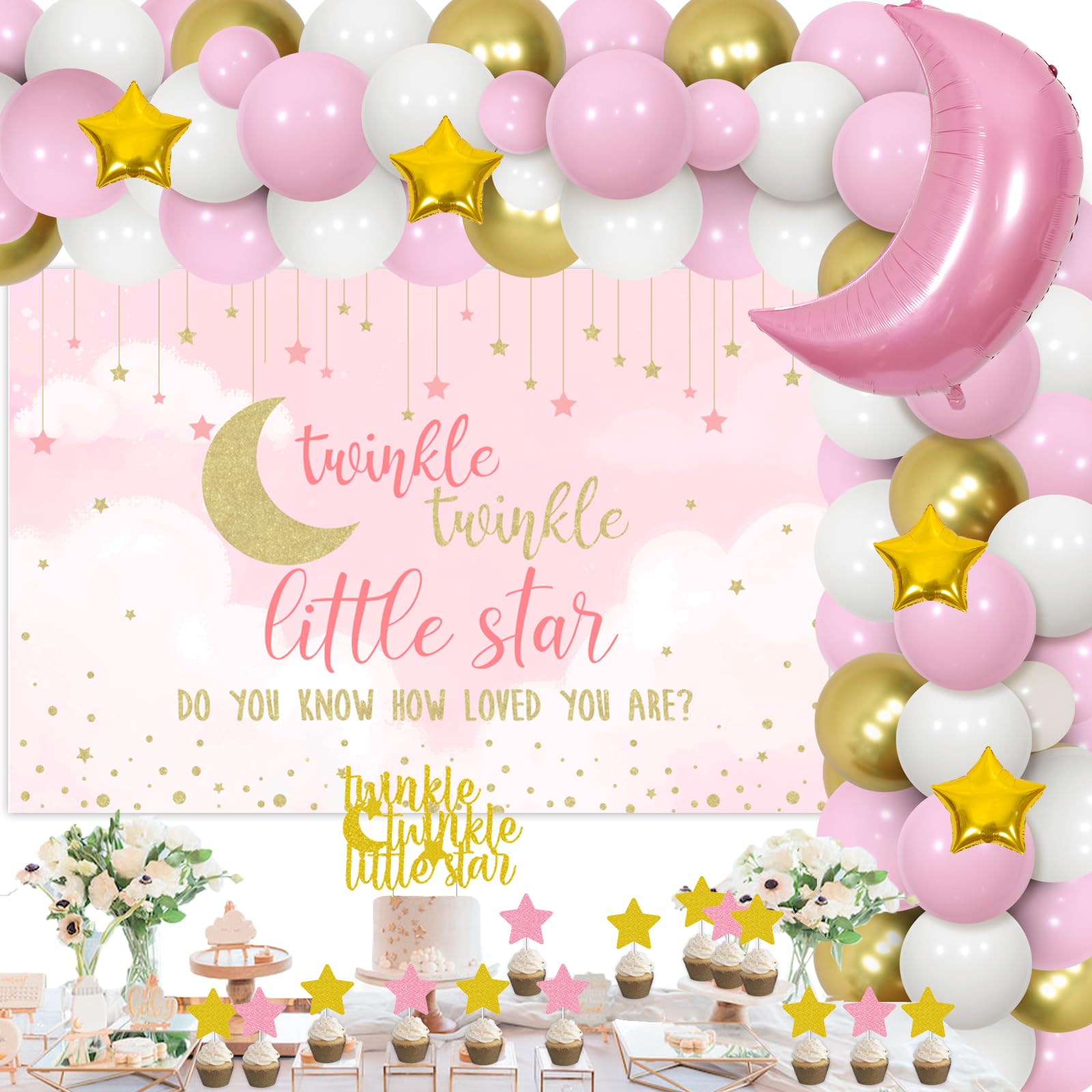 Photo 1 of Cheereveal Twinkle Twinkle Little Star Baby Shower Decorations Girl Pink White and Gold Balloon Garland Kit Star and Moon Foil Balloons Backdrop Cake Toppers